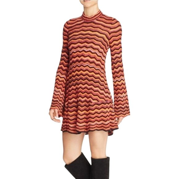 Free People Ziggy Chevron Bell Sleeve Sweater Dress Autumnal Retro Size M - Picture 6 of 12